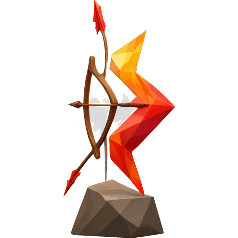 A bow and arrow symbol sculpture with a geometric, faceted design. The symbol is standing upright with angular and disney features. The vibrant red flame colors highlights the sharp edges and planes. emoji