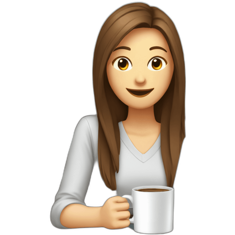 smiling woman with middle brown straight long hair and pale skin eyes closed behind a laptop and behind a large coffee mug. emoji