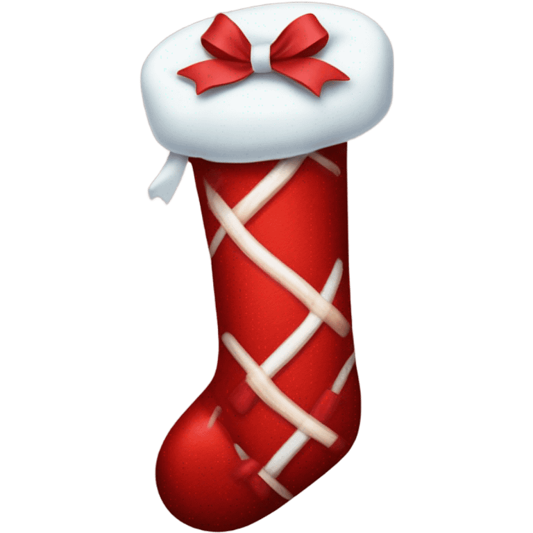 Deep red christmas stocking with a white bow tied on it and a candy cane sticking out of it emoji