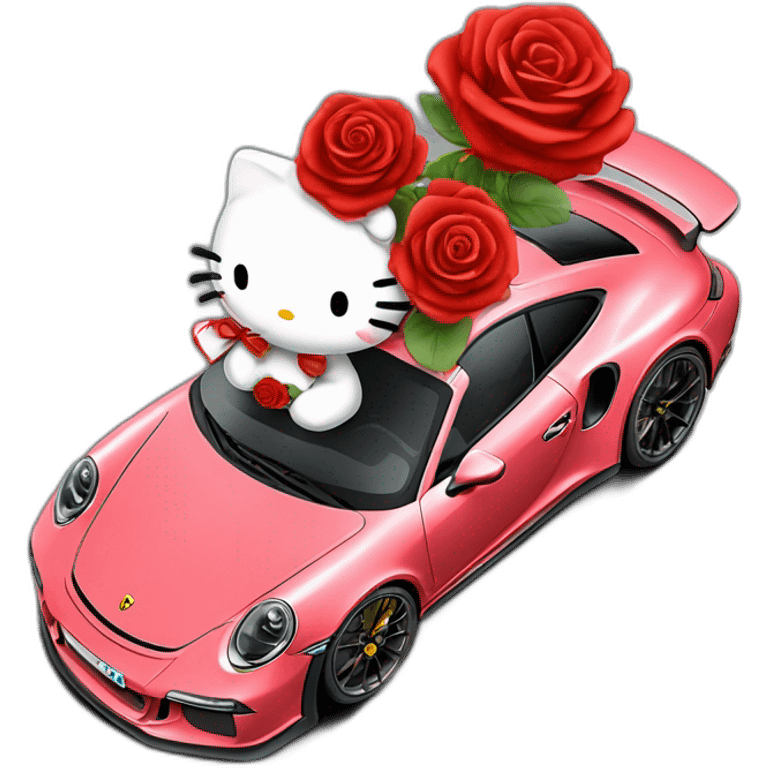 hello kitty in a porsche 911 gt3rs with a bouquet of red roses in her hand emoji