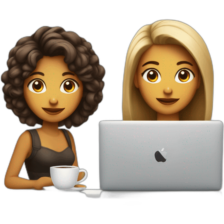 Mujer y joven con cabello melena con MacBook y un cafe emoji