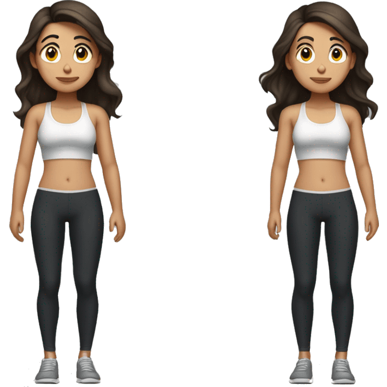 Side view of a brunette girl standing on a bathroom scale, looking down, wearing black leggings and a sports bra, her hair is down emoji