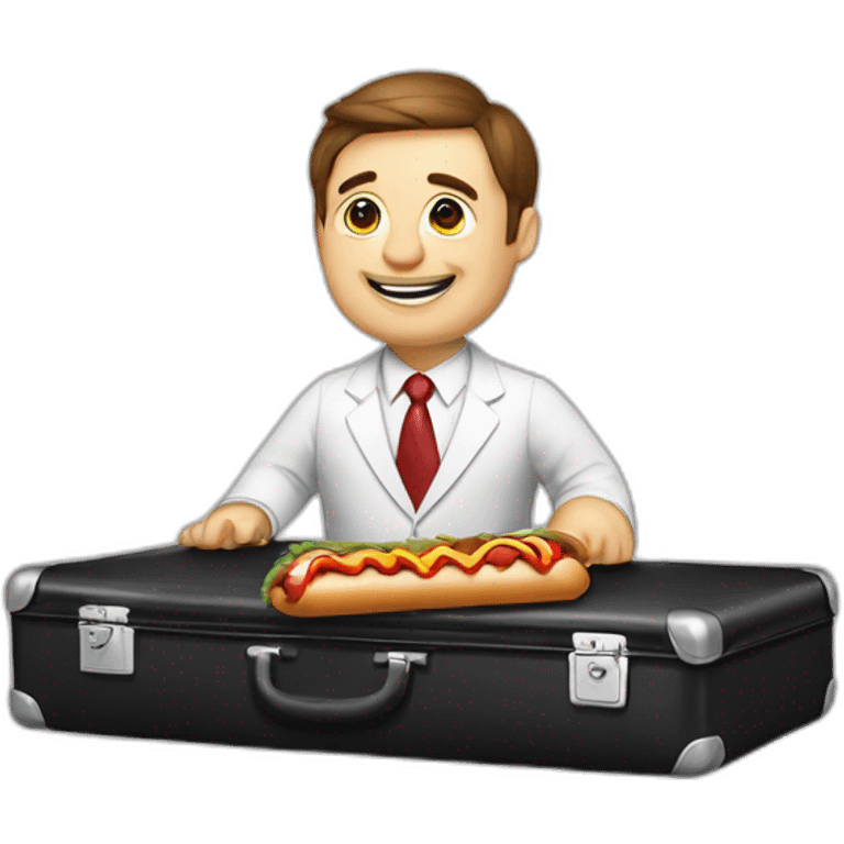 A professor with white suit and red tie and a panda face eating a hotdog and holding a black suitcase emoji