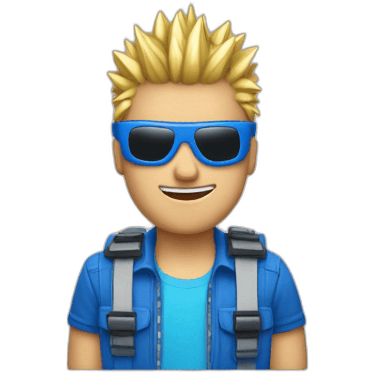 guy with blonde spiked hair, motherboard visor, blue supreme shirt and wink-blink face emoji