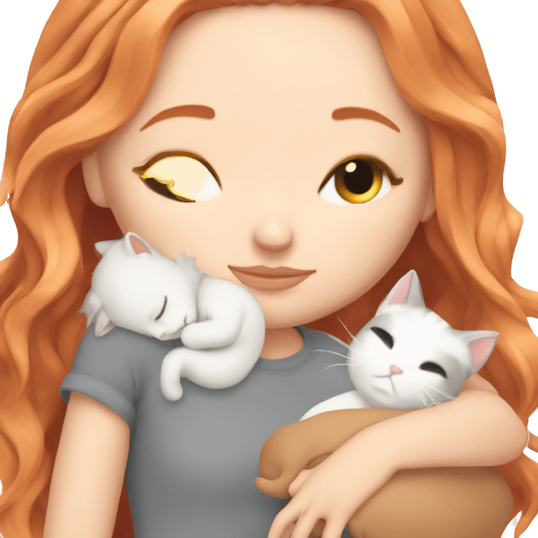 White girl blonde red hair sleeping with grey and white kitty emoji