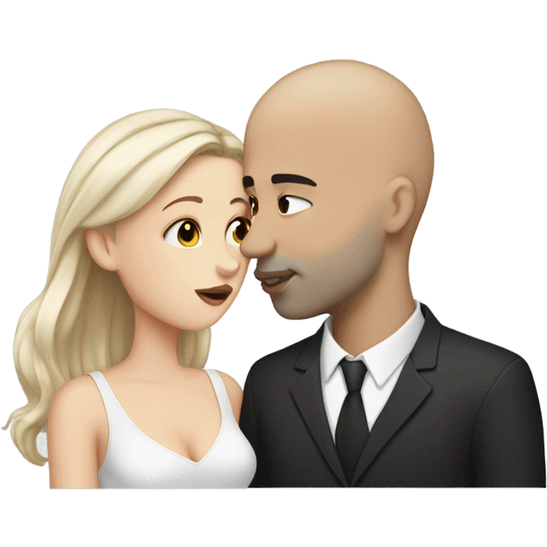 White girl dark hair kissing mixed bald man emoji