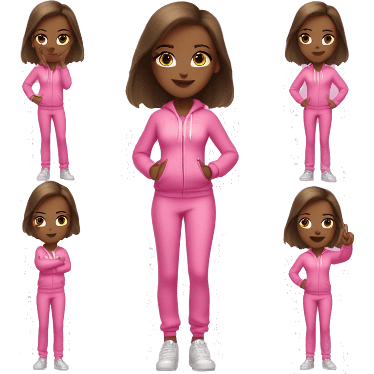 Standing girl full body legs emoji: pink tracksuit, hoop earrings, pink lips, lashes, nails. Poses: peace sign, nails, phone, arms crossed." emoji