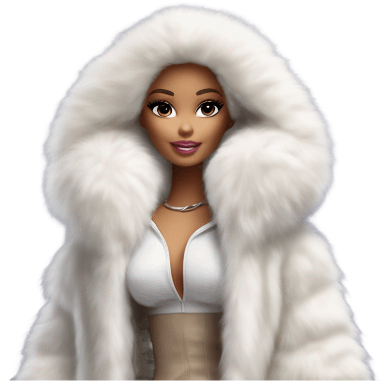 Barbie in an extremely big fluffy oversized white fur coat with hood on. The fur is real and it’s very obvious big and fluffy like in Pinterest  emoji