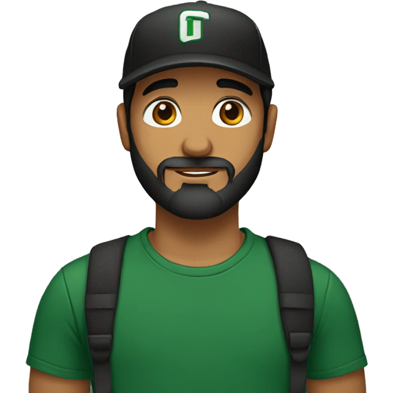 brown man with a dark beard, dark eyes, dark green t-shirt and a BLACK BLACK cap emoji