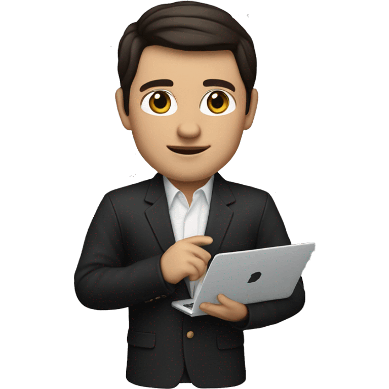     memoji of a realtor with a laptop in front, apple-style,modern,dark hair,black sweater,computer in hand,white skin, an avatar image gonna be round  emoji