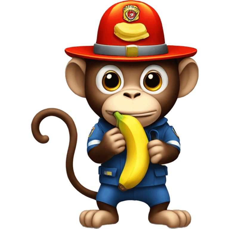 Monkey eating a banana wearing a fire man's hat emoji