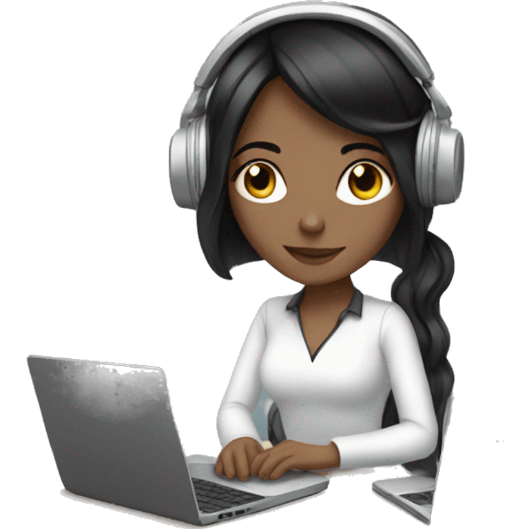 white girl with black hair working on laptop with headphones emoji