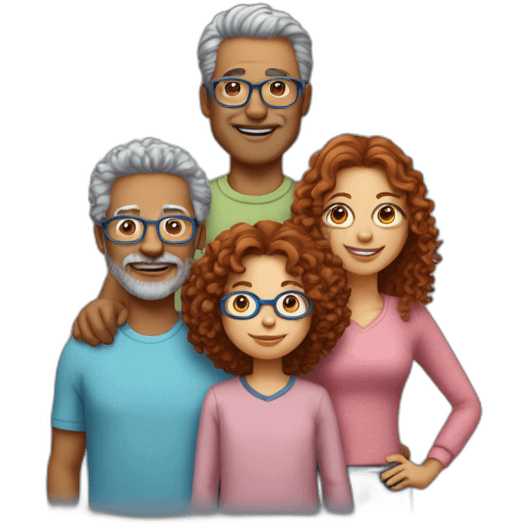 family of four the father with gray hair the mother with red curly hair and blue glasses the son with brown hair and the little daughter with curly brown hair emoji