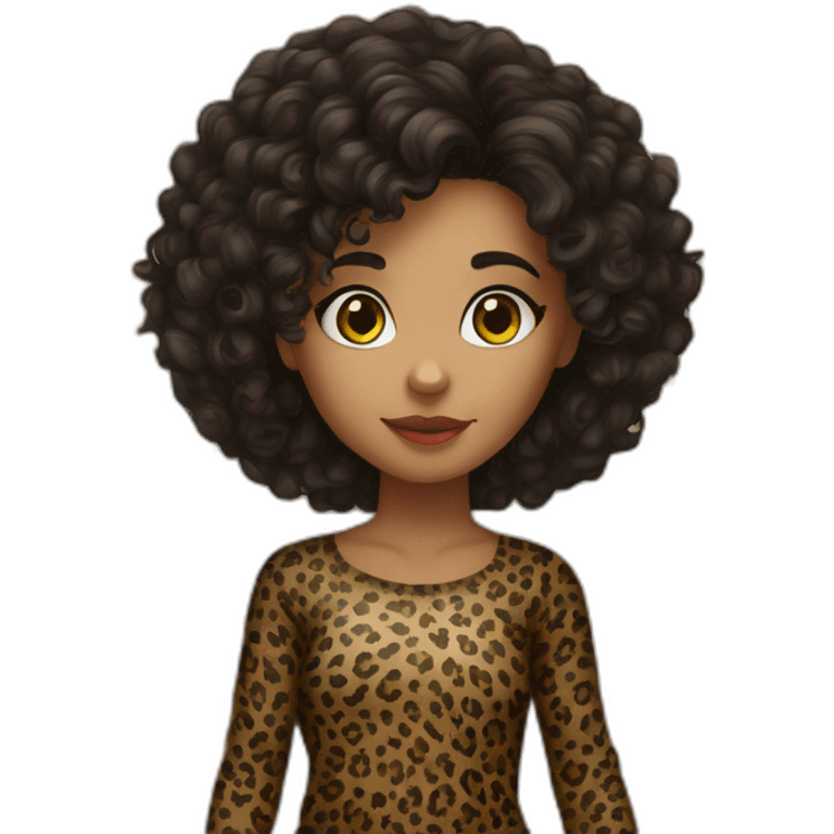 European dark curly hair girl in leopard leggings emoji