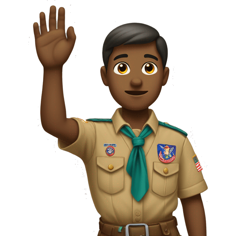 Boy-scout with his right hand up with palm facing front, with fingers straight except the thumb that is positioned over a bent pinky emoji