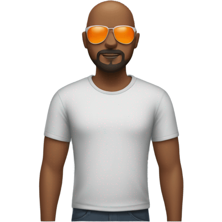 Black man with a Bald head, sunglasses, a goatee, a beard, and an orange tee shirt. emoji