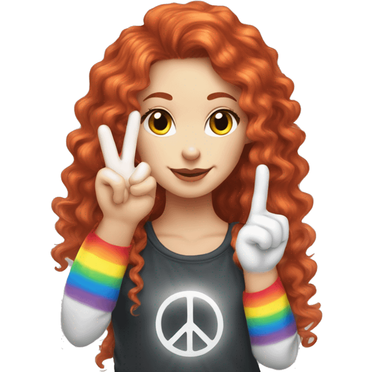 a white girl with long red curly hair in a pony tail with rainbow shirt does peace sign wearing cat ears one black other white emoji