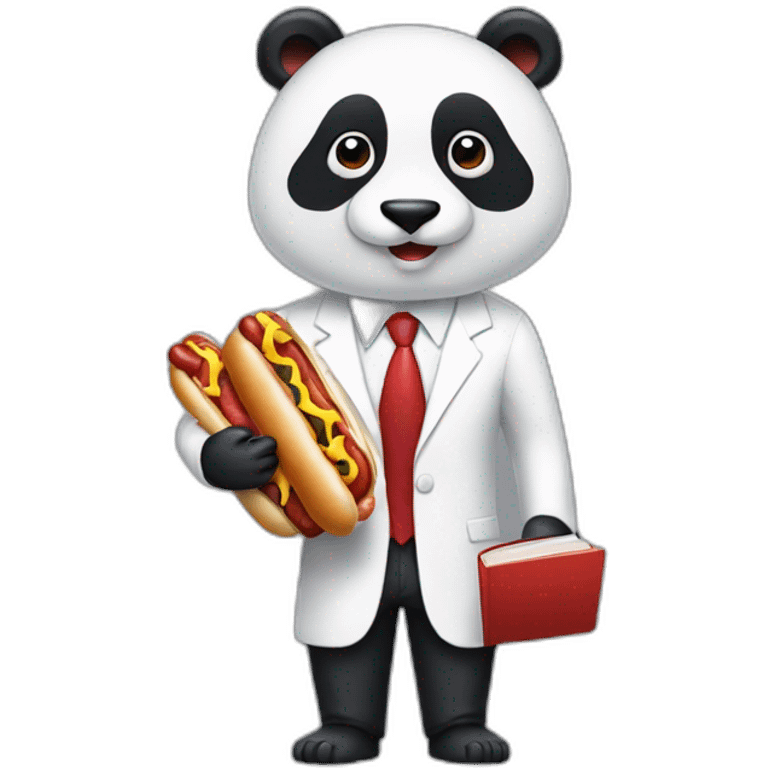 A professor with white suit and red tie and a panda face holding a hotdog and a book emoji