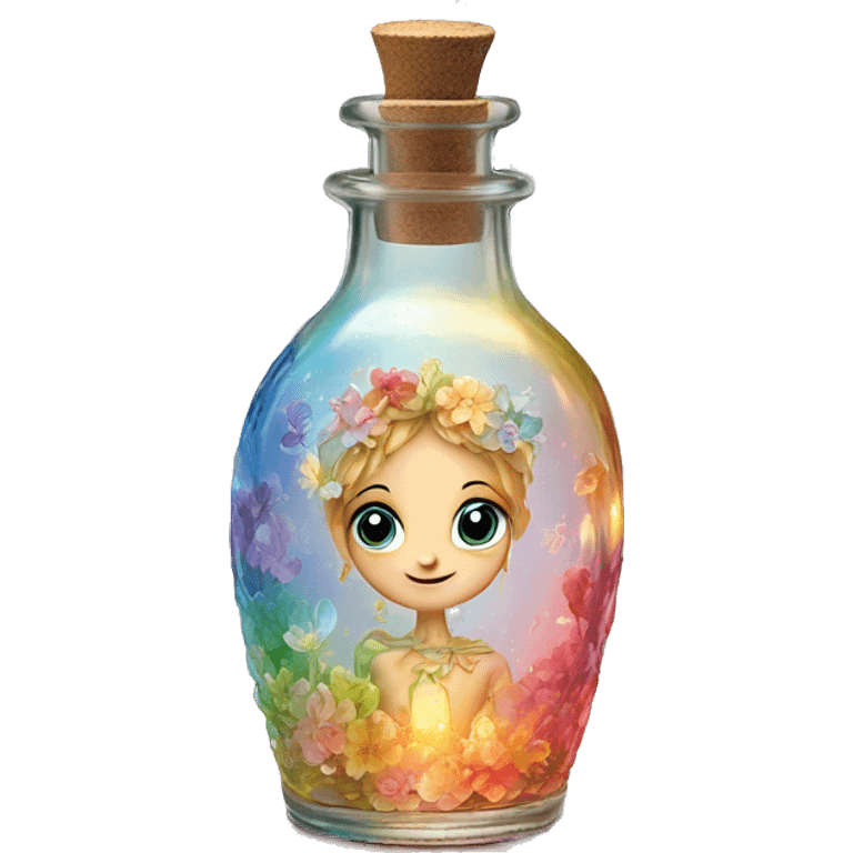 Antique oil bottle made of crystal glass of all delicate colors of the light rainbow, a living flower fairy sits at the bottom of the bottle emoji