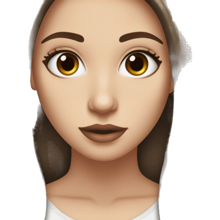 a white girl with dark brown milking brown straight hair middle part that’s short and ends the length on her shoulders with brown eyes and long eyelashes with lots of mascara on them and lipgloss on the lips plesse emoji