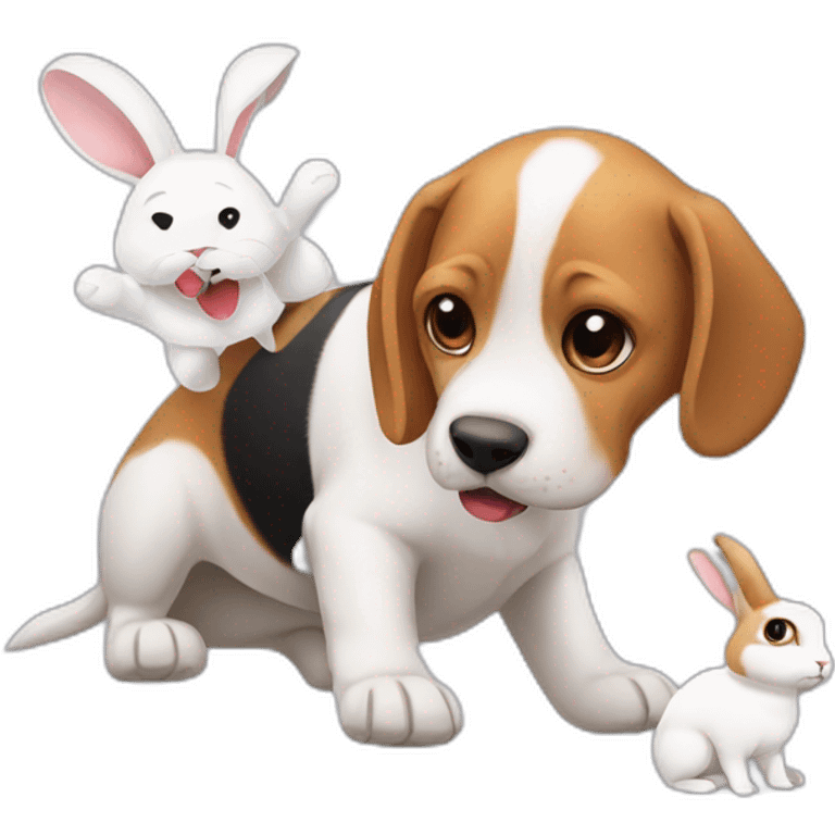 Adult beagle playing with a White rabbit emoji