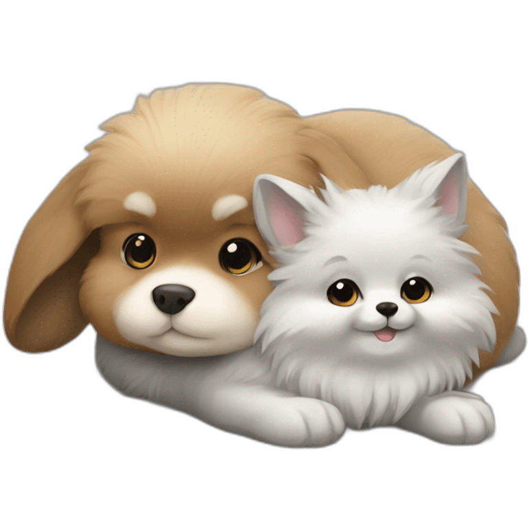 Gray bunny laying with pomeranian emoji