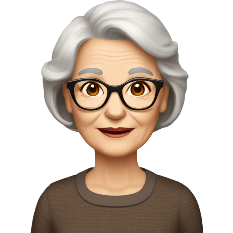 80 years old girl
Short straight brown hair with bob styling
light skin small square 
glasses with refined frame
Brown eyes with cat eye liner emoji