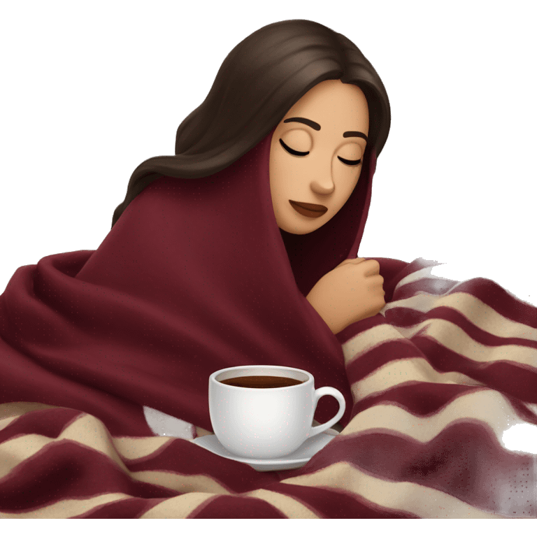 Brunette girl inside a burgundy blanket sipping coffee eyes closed emoji