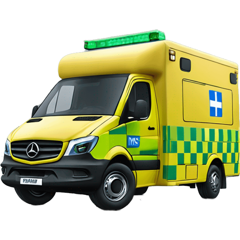 NHS Mercedez sprinter ambulance, yellow body, with green and yellow checkerboard print along the bottom. NHS logo on the side.  emoji