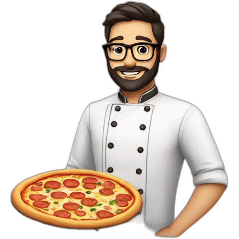 Dark haired 30 years old chef with beard and big glasses proudly holding a pizza emoji