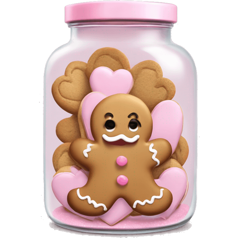 realistic glass cookie jar with pale pink lid with isolated light pink heart gingerbread man cookies full emoji