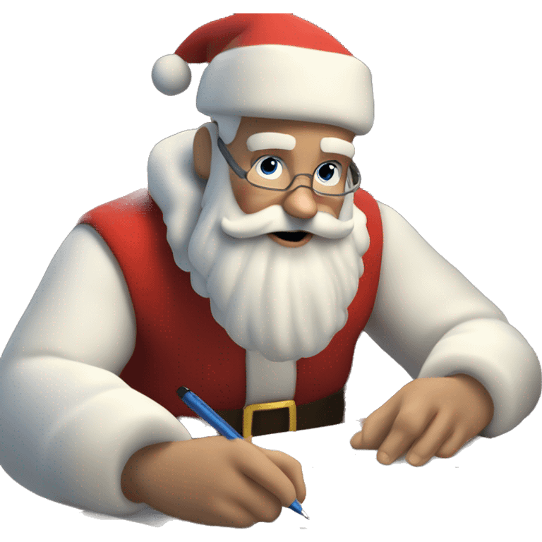 White Father Christmas is sitting on a desk, writing something down on a sheet of paper, solving complicated math puzzles, you can see the math tasks emoji