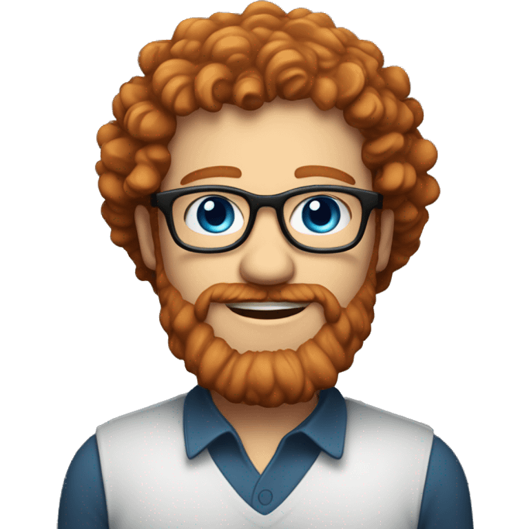 35 year old, male, curly red hair, pale, thick beard, blue eyes, white glasses, black shirt emoji