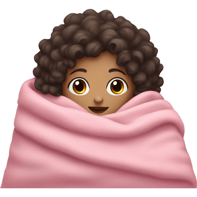 girl with curly dark hair and pale skin cuddled in a pink blanket emoji