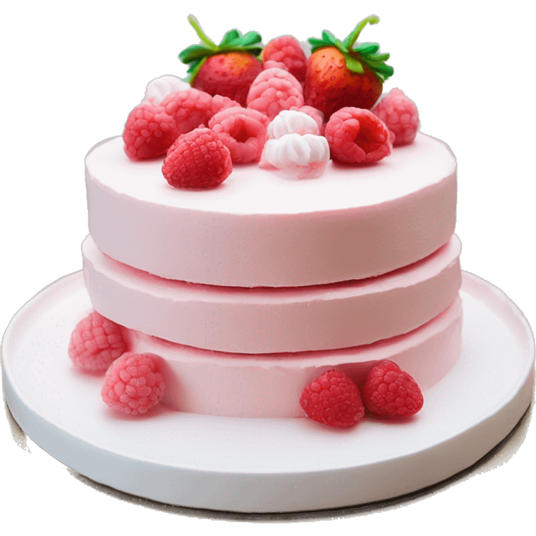 light pink and white cake on white colored plate with raspberries and strawberries emoji