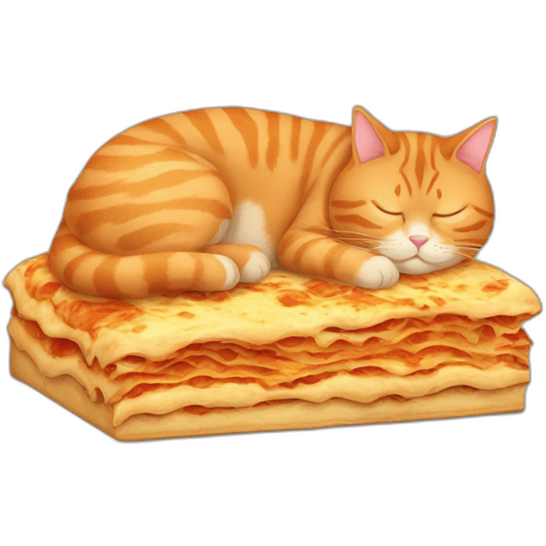 fat all orange tabby cat sleeping next to lasagna emoji