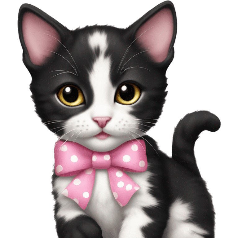 Baby Full body Tuxedo kitten with a pink polka dot ribbon Hazel eyes emoji