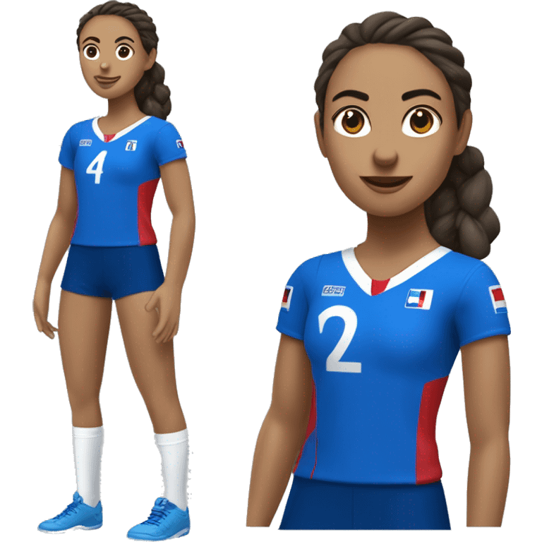 jugadora de voley con vestimenta azul francia morocha y camiseta numero 4 emoji