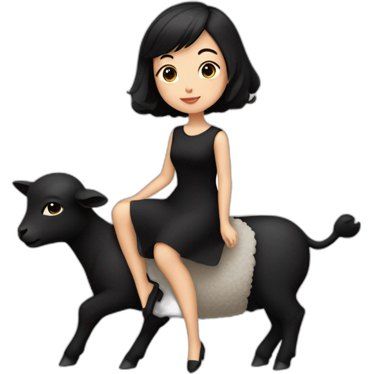 Asian girl with short black hair, black dress, riding on a black lamb emoji