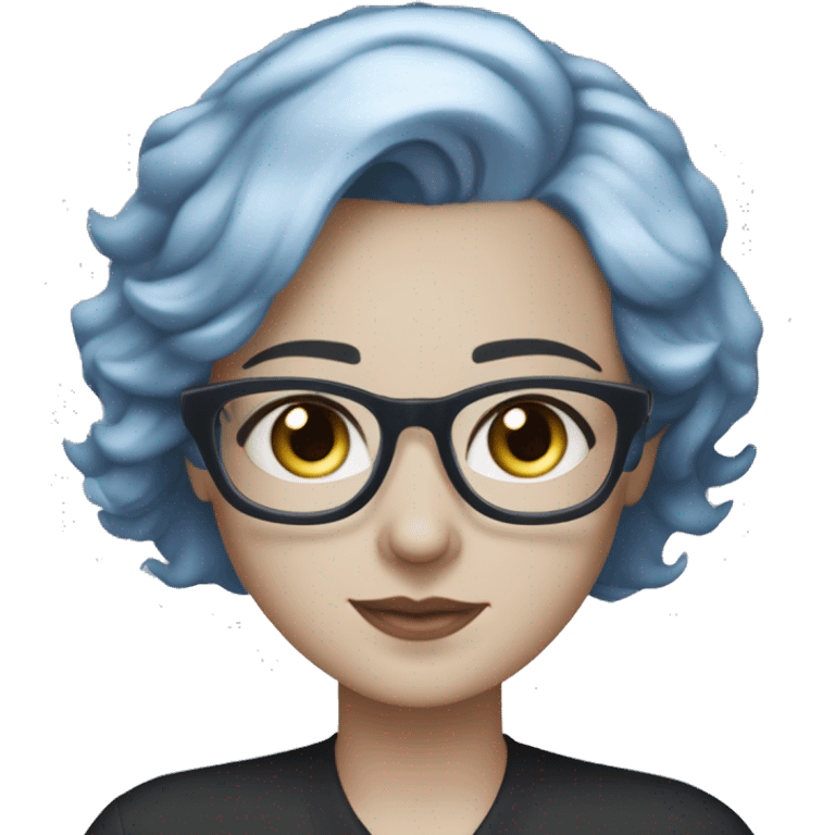 Caucasian woman with choppy chin length layered blue hair and grey eyes wearing light grey square-shaped glasses and a black collared shirt emoji