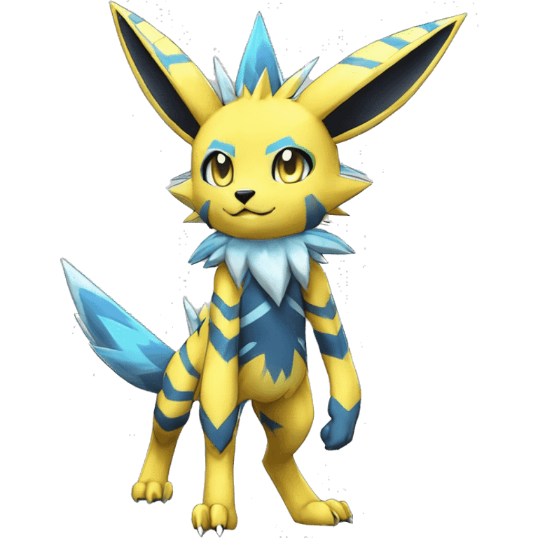 Anthro Edgy Cool Zeraora-Jolteon-Pokémon-Fakémon with shiny blue stripes Full Body Detailed High Quality emoji