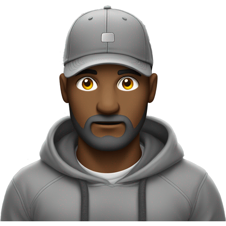 Hombre de tez clara, con ojos claros, barba fina, sin bigote, gorra negra bordada, y sudadera gris. Expresión relajada y estilo urban emoji