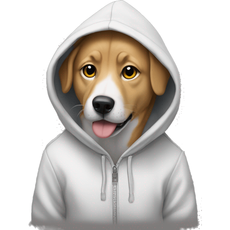 dog wearing a hoodie that says whitefox emoji