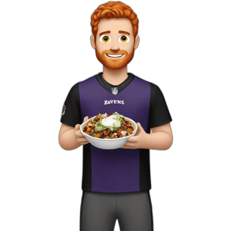 a red-haired young man wearing a ravens jersey and eating a chipotle burrito bowl emoji