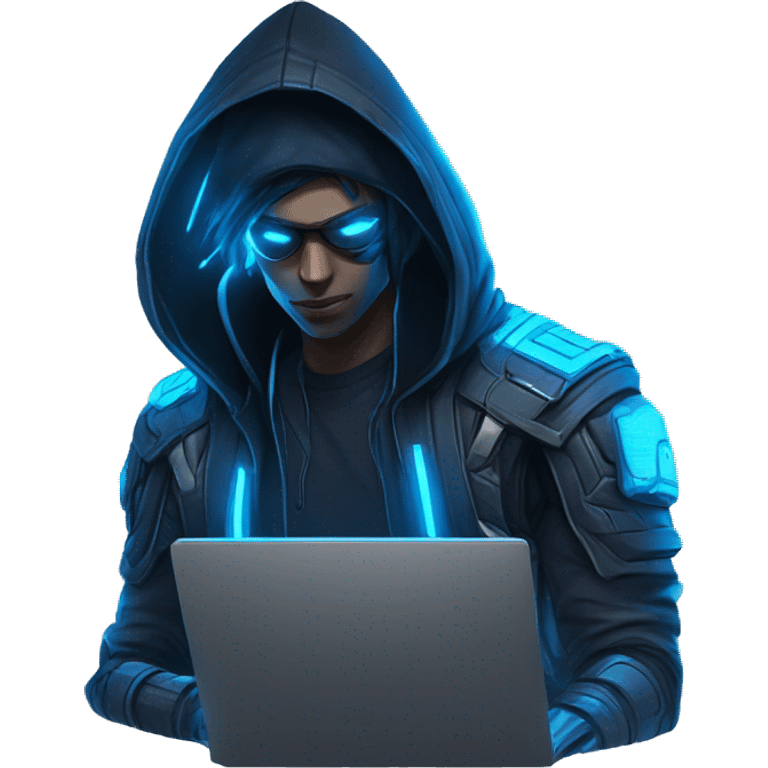 developer behind his laptop with this style : crysis Cyberpunk Valorant neon glowing bright blue character blue black hooded assassin themed character emoji