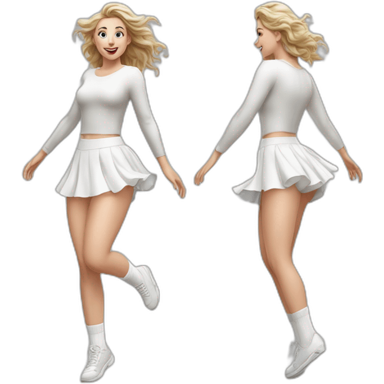 Hyperrealistic Full body Caucasian curvy beauty jumping short white skirt back and front views strong wind knickers long white socks emoji