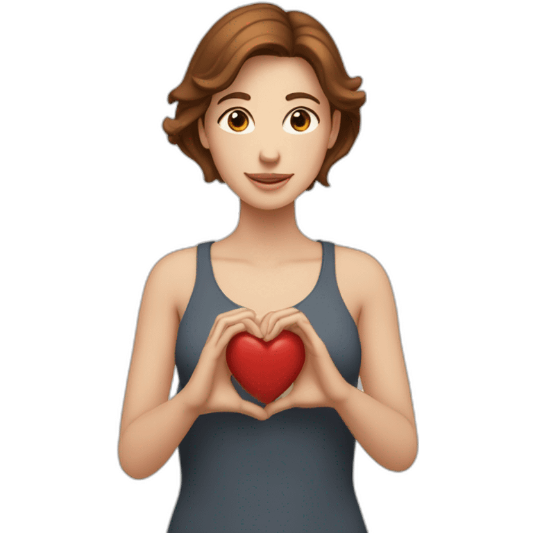 woman (white skin, brown middle hair) makes heart with his hands emoji