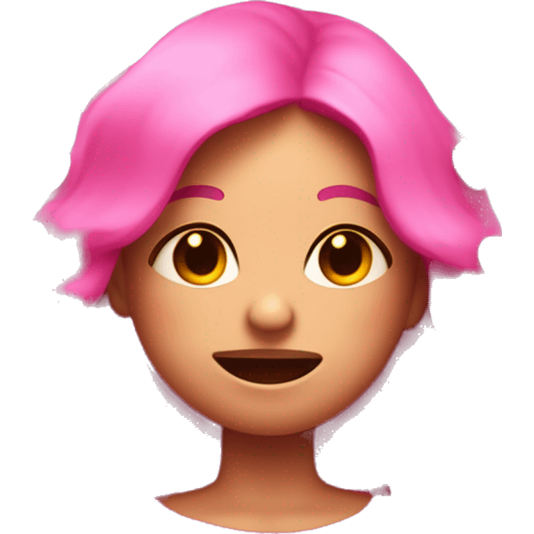 A Red skin colored emoji blushing with closed eyes, open mouth, surrounded by hot pink hearts emoji