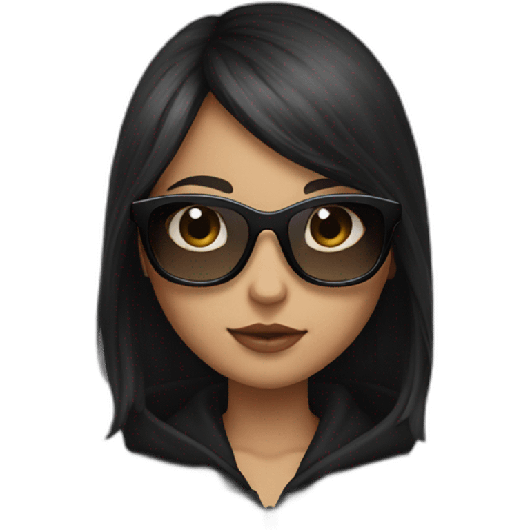 a girl with brown medium hair and with long bangs to eyes; she have a black cat in hands; she have a black square sunglasses; she's wearing a black hoodie emoji