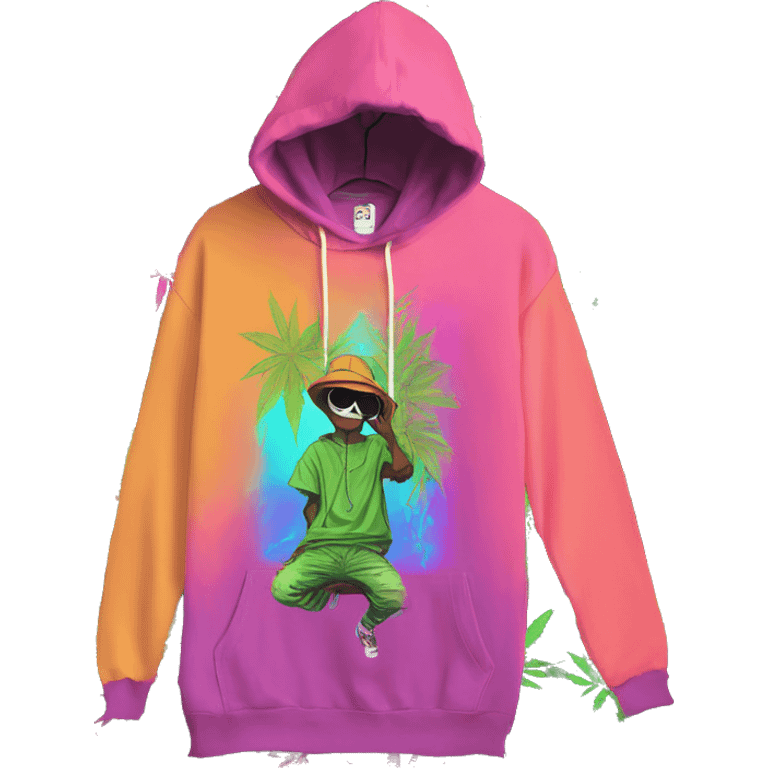 Hemp leaves Multicoloured neon person smoking wearing hoodie dancing hip hop bucket hat tropical Skater fashion aesthetic baggy clothes graphic t shirt 420 emoji